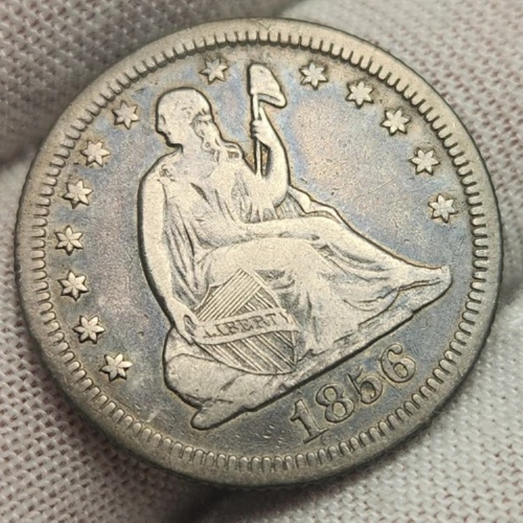 1856年 O シーティングリバティシルバークォーター25セント、非常に良い状態、VF、美しいブルートーン、Q-56O