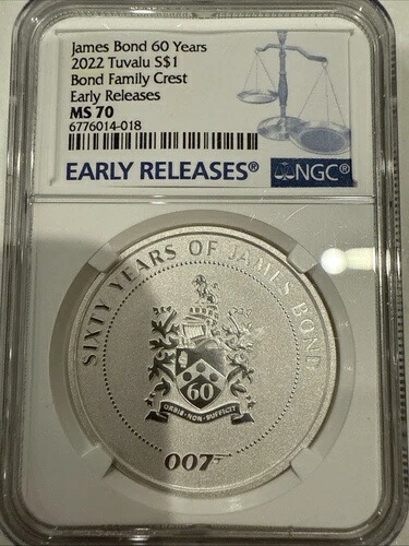 2022年 ツバル 1オンス 銀貨 60周年 ジェームズ・ボンド家紋章 コイン NGC MS70 ER
