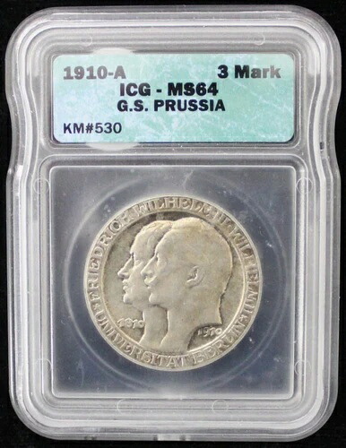 1910-A ドイツ諸州銀貨 3マルク プロイセン - ICG MS64