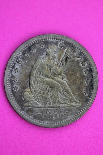 トーン加工の高品位1855年Pシーテッドリバティクォーターシルバーコインセミキー日付20
