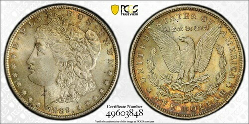トーン加工済み 1889 P MS 62 モルガン・リバティ銀貨 PCGS認定スラブ 39
