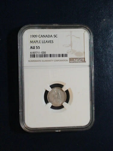 1909 年カナダ 5 セント NGC AU55 メープル リーフ シルバー 5C コイン、販売価格!