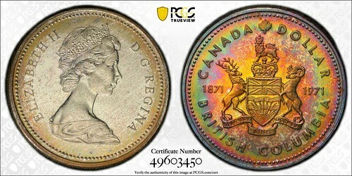 レインボートーン 1971年 SP 67 カナダ ブリティッシュコロンビア シルバードル PCGS グレード 727