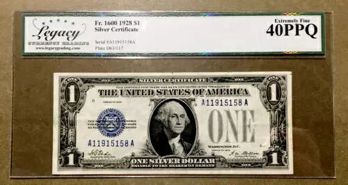 1928年 1ドル銀貨証明書 面白い裏面 [] AAブロック[] FR 1600 [] PPQ [] A11915158A