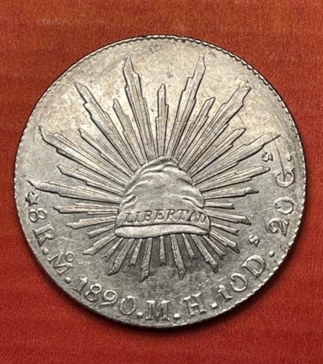 1890 年メキシコ Mo MH 銀 8 レアル、AU から BU。