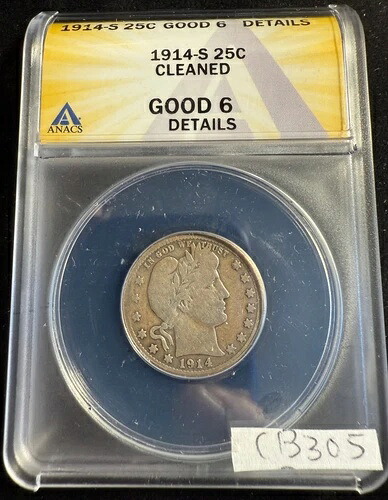 1914年 S バーバー シルバー クォーター 25セント ANACS グレード G6 低鋳造枚数 詳細 cb305