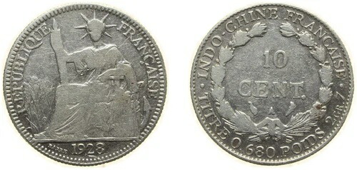フランス領インドシナ 1928年 A 10サンチーム銀貨 (.680) VF