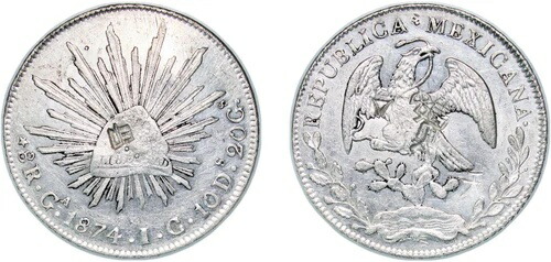 メキシコ 1874 Ga IC 8 レアル 銀貨 903 AU