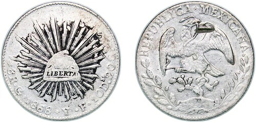 メキシコ 1868 Go YF 8レアル シルバー 903 XF