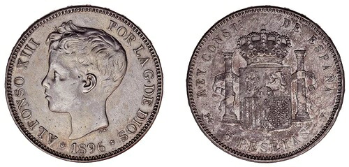 5 シルバー ペセタ / 5 ペセタ シルバー。難しい。マドリッド・アルフォンソ13世。 1896年*。 XF。