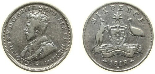 オーストラリア 1918年 M 6ペンス銀貨 (.925) VF
