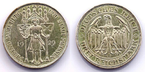 ドイツ - ワイマール共和国。3ライヒスマルク 1929 E. EBC XF 銀貨 15 (G) 。希少｜WORLD RESOURCE【KING店】