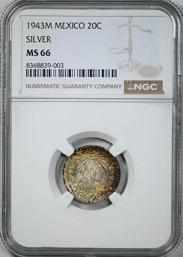 1943 年 M メキシコ シルバー 20C センターボ NGC MS66 - トーン加工済み! 56,870円
