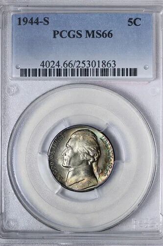 GEM BU 1944-S シルバー ジェファーソン ウォー ニッケル PCGS MS66 素晴らしいカラー!! XHM