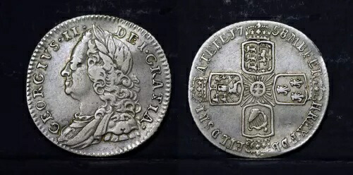1758年、イギリス、ジョージ2世銀貨6ペンス