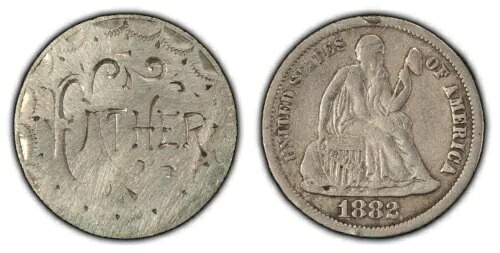 愛の証 - 1882年10セント着席リバティシルバーダイムに書かれた「FATHER」の文字 - SKU-B1454