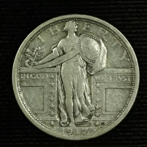 スタンディング・リバティ・シルバー・クォーター 1917年 P T-1。非常に良好な状態。ロット番号:9049-136-138