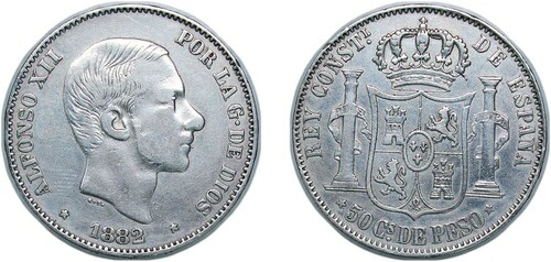 フィリピン 1882 50センティモ 銀貨 835 VF