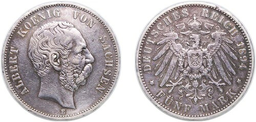ドイツ 1894 E 5 マルク 銀貨 900 VF