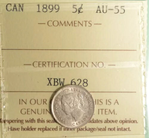 1899年カナダ銀貨5セント - ICCS AU-55 - シリアル番号 XBW 628