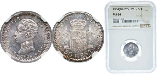 スペイン 1904 10 PCV 50 センティモス 銀 835 NGC MS 64