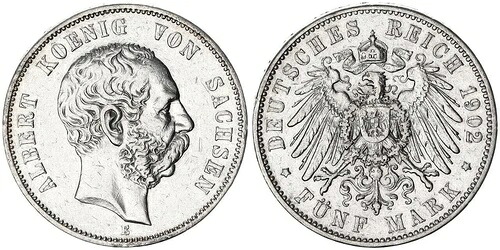 ドイツ / 帝国 / ザクセン 5 マルク 1902 E アルバート SS+ 124159 55,440円