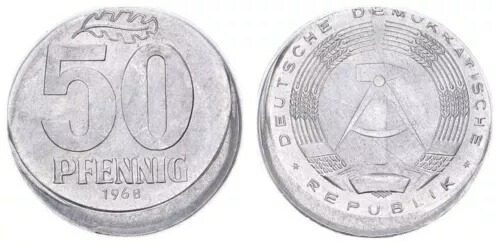 1968 A DDR 50 Pfennig ミスプリント 中央15%オフ、滑らかなエッジ 新品同様 89484 55,440円