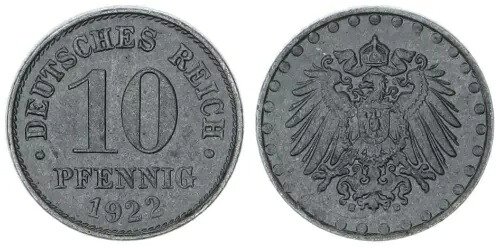 Kaiserreich 10 Pfennig 1922 E ベター コイン マーク ほぼ未流通、Zapo 103296
