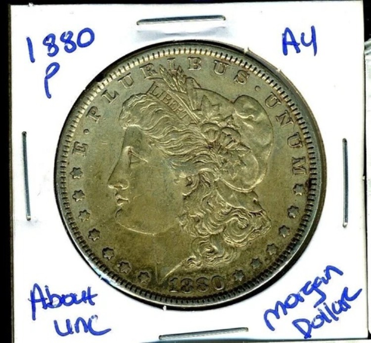 1880年 P AU モルガンドル 100セント 未流通 90%銀 US $1 コイン #6236