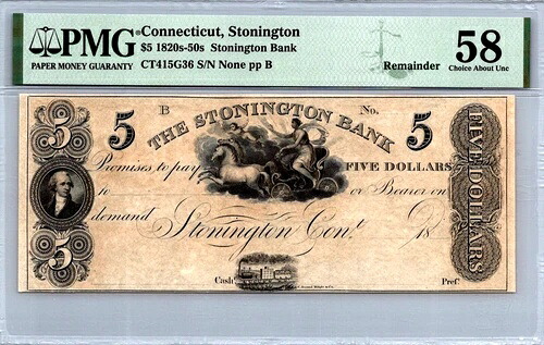 1820 $5 ストーニントン コネチカット $REMAINDER PMG 58 AU