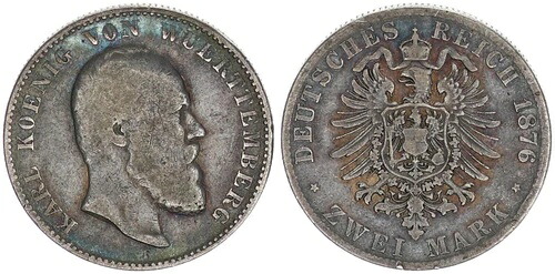 ヴュルテンベルク 2 マーク 1876 F キング カール S-SS、パティナ 93091｜WORLD RESOURCE【KING店】