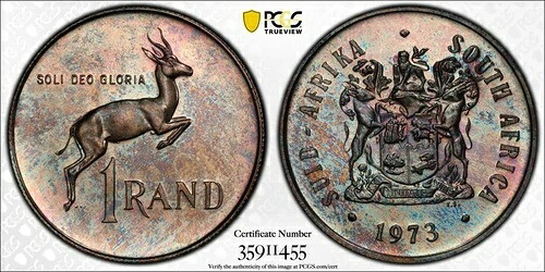 1973年南アフリカ1ランド銀貨プルーフPCGS PR66CAM 美しい色調 1455｜WORLD RESOURCE【KING店】