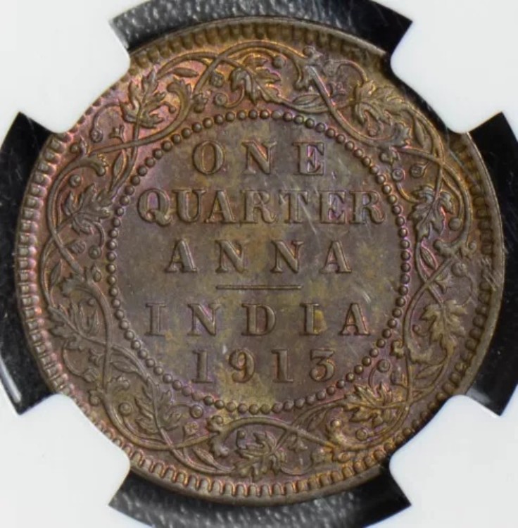 イギリス領インド 1913 C 1/4 アンナ NGC MS63BN 美しい紫色の色合い！カルカッタ min NG0393