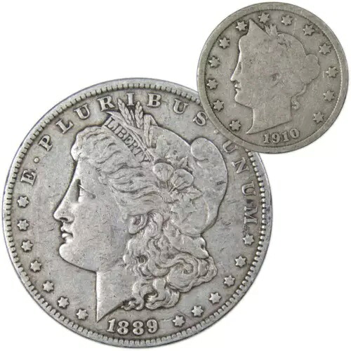 1889 O モルガン・ダラー VF 非常に良好な90%銀、1910年リバティニッケル G 良好