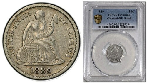 1889 年 着席自由の女神像 10 セント 10 セント硬貨、PCGS 純正 XF 詳細 (クリーニング済み)、金の盾付き!
