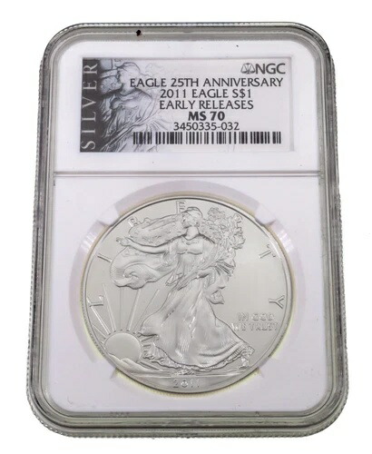 2011 年 1 ドル銀アメリカンイーグル、NGC により MS70 と評価、早期リリース 25 周年。