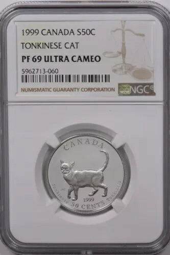 カナダ 1999 50セント銀貨 NGCプルーフ 69 ウルトラカメオ トンキニーズ猫 NG1614 コンビン