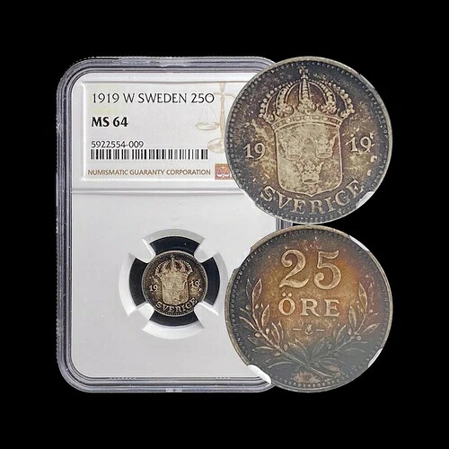 スウェーデン。1919年、25鉱石、銀 - NGC MS64 - ?? トーン、グスタフ5世｜WORLD RESOURCE【KING店】