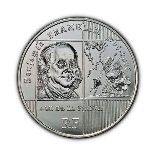 フランス、2006年、1/4ユーロ、銀貨 - ベンジャミン・フランクリン、凧と稲妻、希少3｜WORLD RESOURCE【KING店】