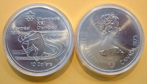 カナダ 1976年 オリンピック 10ドル硬貨 0.925 純度、48.6 グラム、純銀合計 1.446 トロイオンス