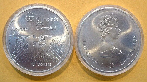 カナダ 1976年 オリンピック 10ドル硬貨 0.925 純度、48.6 グラム、純銀合計 1.446 トロイオンス