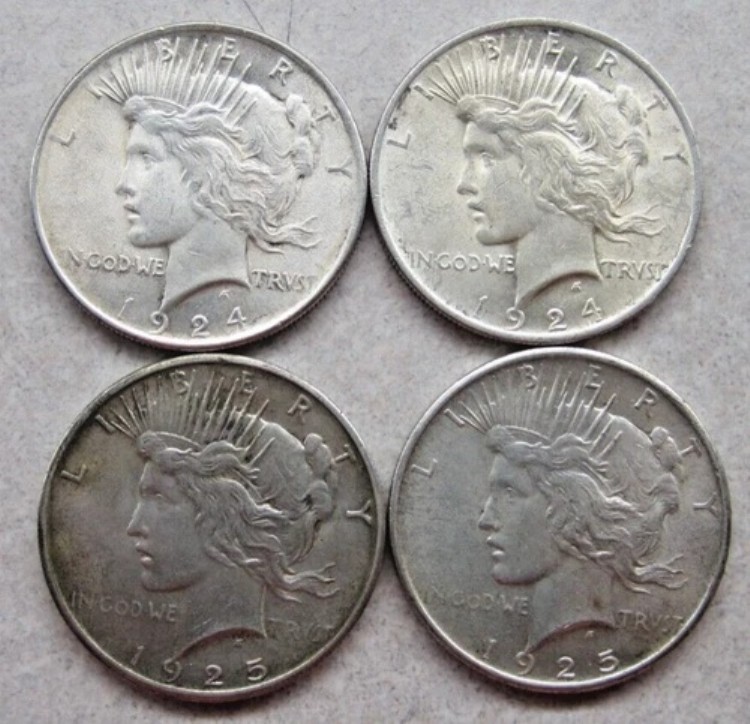 1924年（2枚）および1925年（2枚）ピースシルバードル。フィラデルフィア造幣局。4枚セット。｜WORLD RESOURCE【KING店】