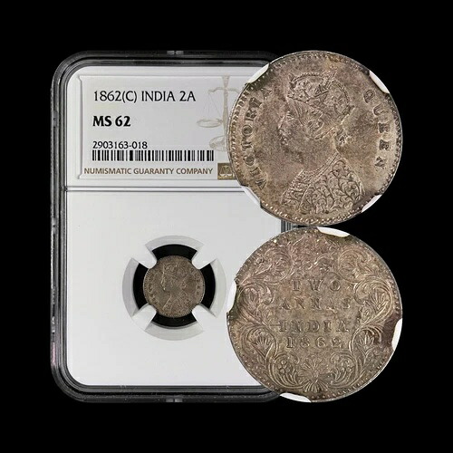 インド、イギリス。1862年、2アンナ、銀 - NGC MS62 - ヴィクトリア、カルカッタ、ダブリング｜WORLD RESOURCE【KING店】 68,365円