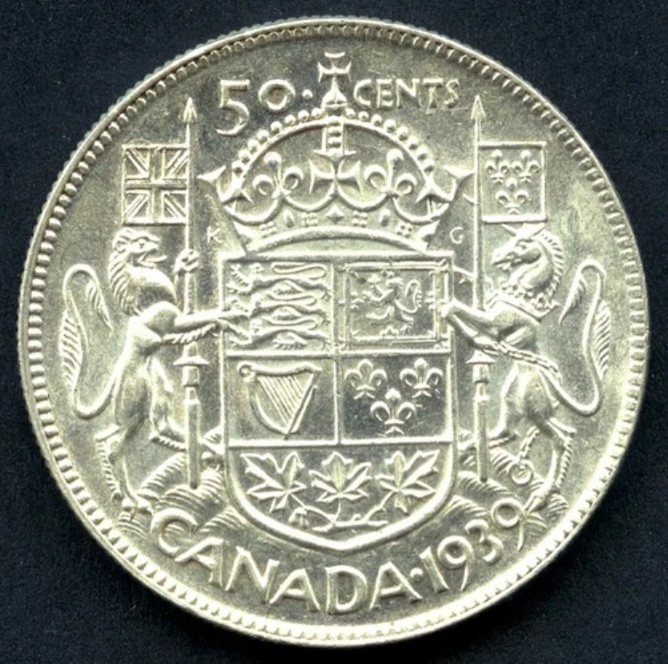 1939年カナダ50セント銀貨（11.66グラム、0.800）