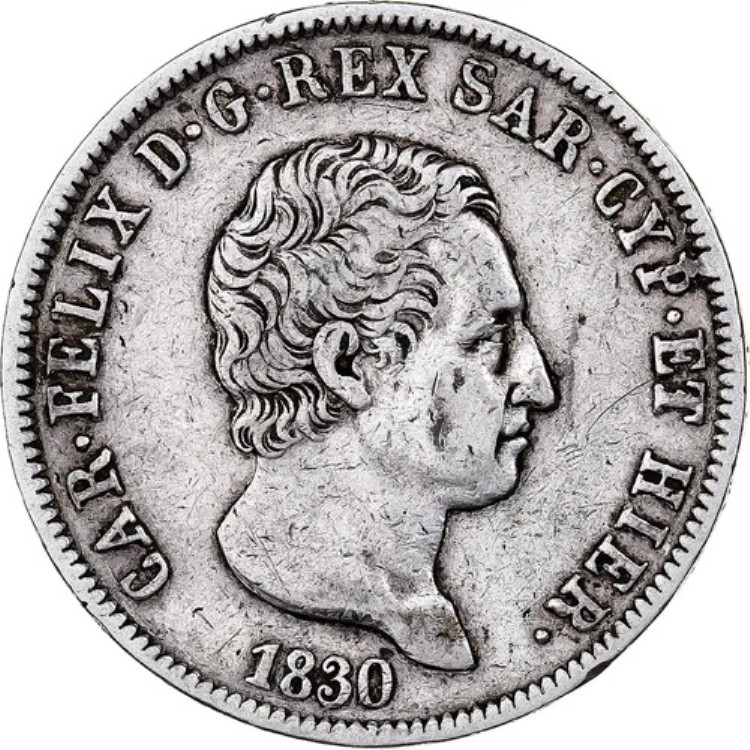 [#1200006] イタリア諸州、サルデーニャ、カルロ・フェリーチェ、5リラ、1830年、ジェノヴァ、銀、｜WORLD RESOURCE【KING店】