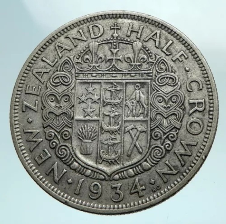 1934年 ニュージーランド 英国 ジョージ5世 正真正銘アンティークシルバーハーフクラウンコイン i79484｜WORLD RESOURCE【KING店】