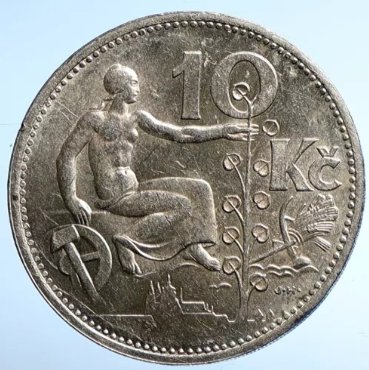 1932年 チェコ共和国 女性とライムの木 古いアンティーク シルバー 10コルナ コイン i107830｜WORLD RESOURCE【KING店】