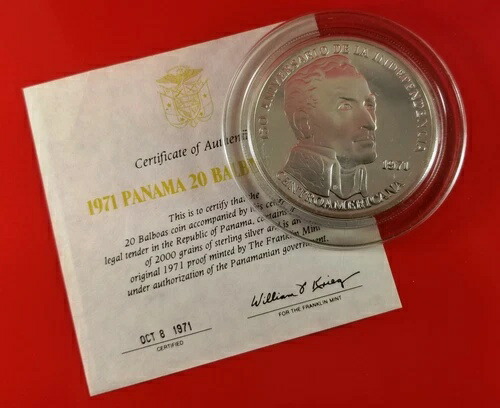 パナマ共和国 1974年 銀貨 20バルボア　保証書付き　希少品　コレクション パナマ共和国 1974年 銀貨 20バルボア 保証書付き 希少品
