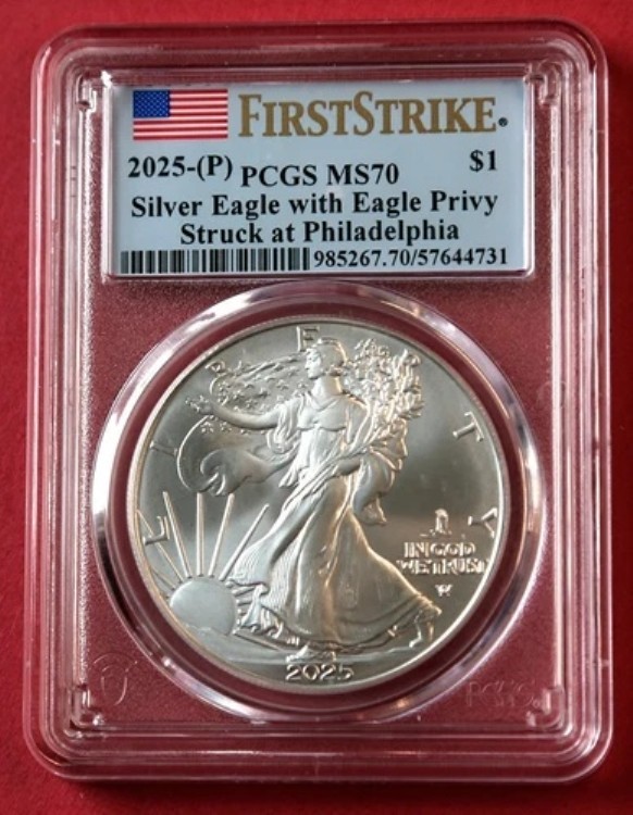 2025年 (P) シルバーイーグル - イーグル・プリヴィ、PCGS MS70、ファーストストライク、送料無料