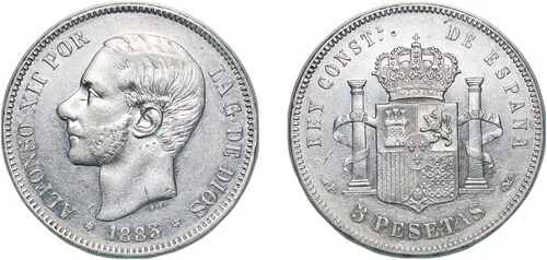 スペイン 1885 1885 MPM 5 ペセタ 銀貨 900 AU｜WORLD RESOURCE【KING店】
